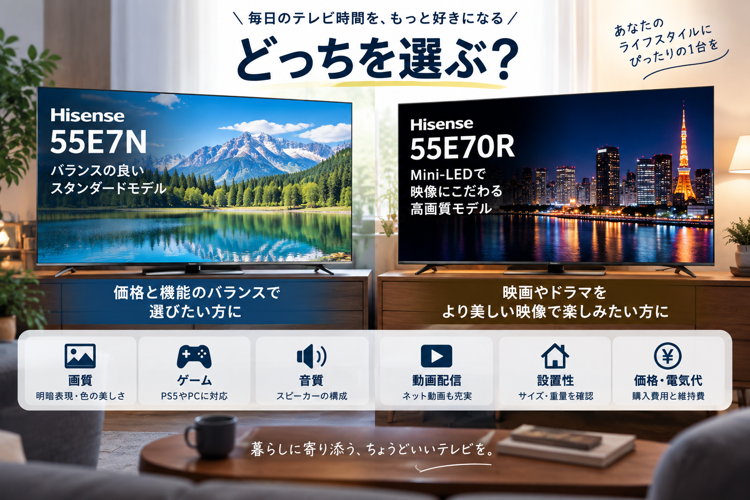 ハイセンス55E7Nと55E70Rの違いを比較し選び方を解説 | 気になる家電